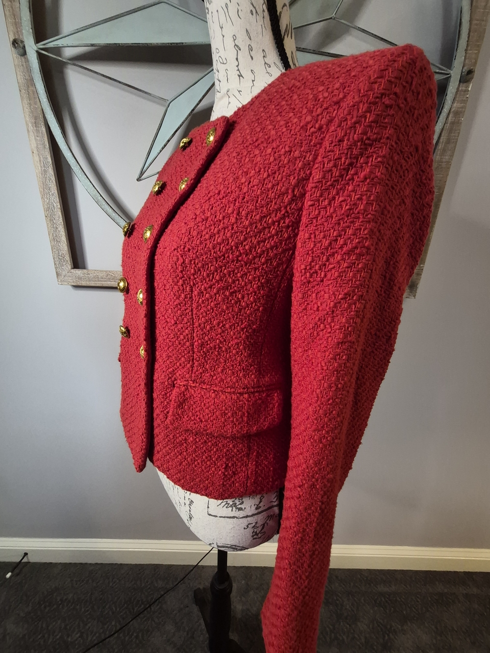 Veronica Beard Bentley Blazer Nantucket Red Tweed Cropped Military Button - 6 - Picture 12 of 15